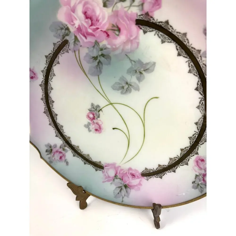 Antique Bavaria Germany Hand-Painted Porcelain Cake Plate Double‎ Handle Roses